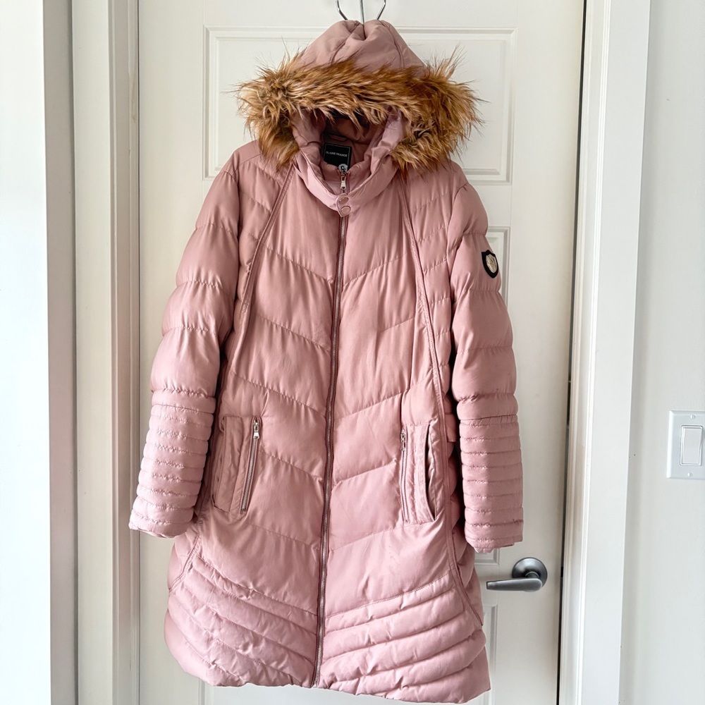 Claire FranceWomen's Pink Blush Quilted Puffer Parka Coat with Faux Trim Size 2X